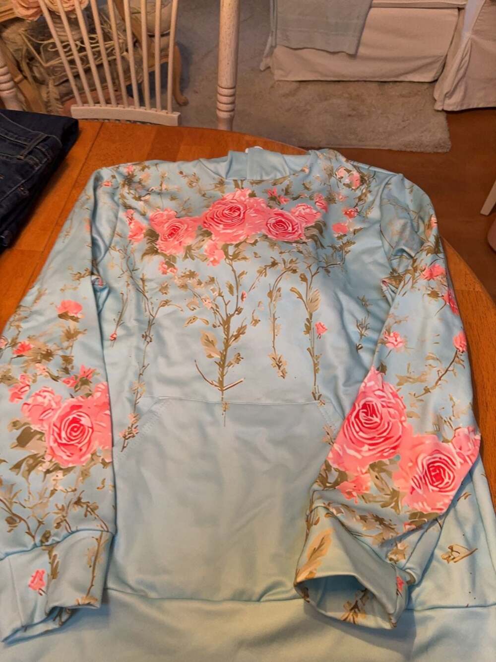 Light Blue Floral Rose Print Pullover Hoodie